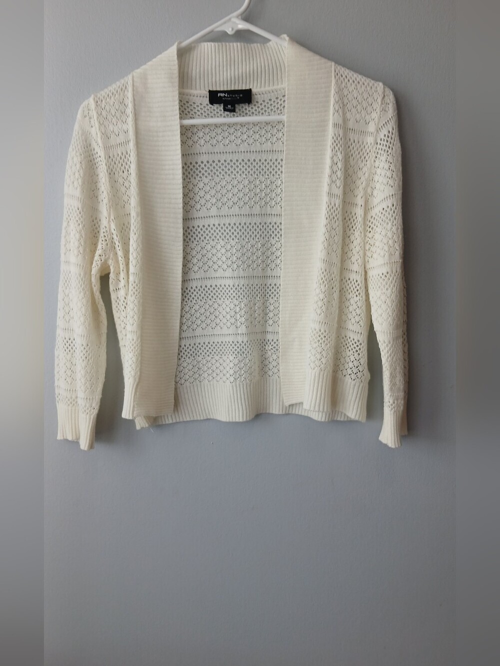 RN Studio Open-Knit Cream Cardigan Sweater Size Medium Lagenlook Church Dress